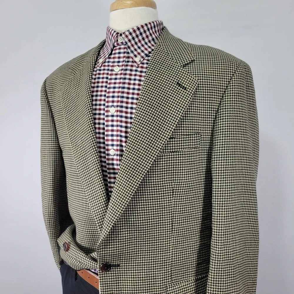 VTG Chaps Ralph Lauren Men's Sport‎ Coat Blazer Beige Houndstooth Wool Sz 42L